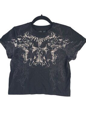 NEW Affliction Women's Black Graphic Tee Sz XL Short Sleeve Gothic Design